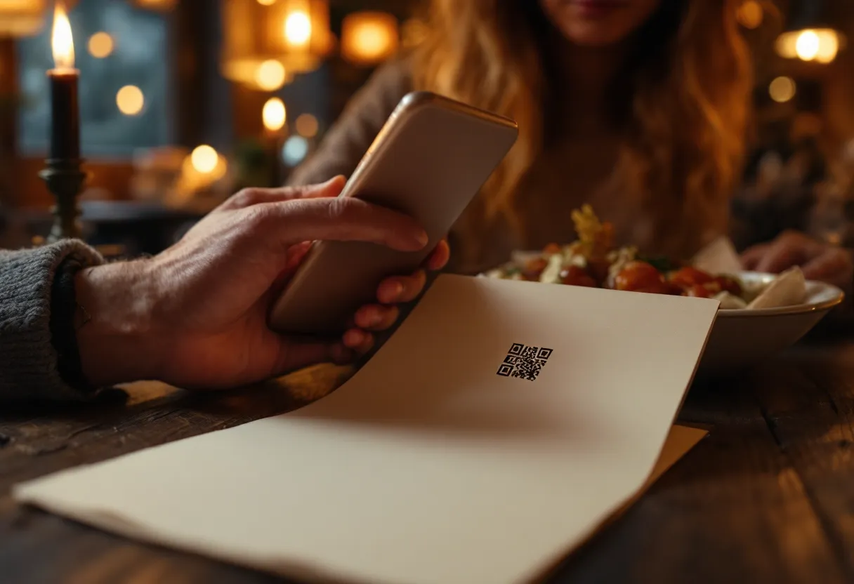 Гост сканира QR кода на хартиено меню с телефона си на маса в механа
